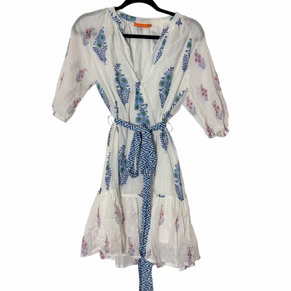 OLIPHANT Tuckernuck Balloon Sleeve Short Cotton Blue Block Print Dress